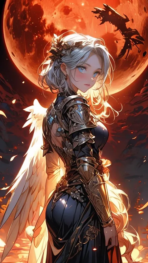 ((Highest quality)), (composition showing the whole body),(Angel Girl with 4 Arms),(Three Wings in Jet Black),(Rear Ring of an Angel Shining Behind the Girl's Head),(Girl in Pure Silver Armor),(Mr.々Decorative Armor with a Mysterious Metal Engraved),(Armor ...