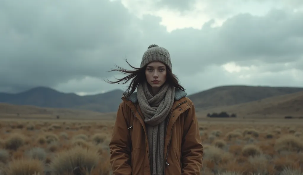 (photorealism:1.2), "A person standing on a wide, open landscape with rolling hills in the background. The person is wearing a winter coat, scarf, and a beanie, with their hair blowing slightly in the wind. The sky is cloudy and dramatic, with soft lightin...