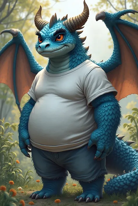 New Jersey 5 Furry,Earth dragon，With a pair of dragon wings，There are dragon horns on the head，Dragon&#39;s Tail，portrait，Exquisite， Chubby，Fat，Rounded face，Thick arms，Rugged muscles，Blue Skin，Chubby脸，Black eyebrows，Dark blue eyes，garden，White sweatshirt，s...