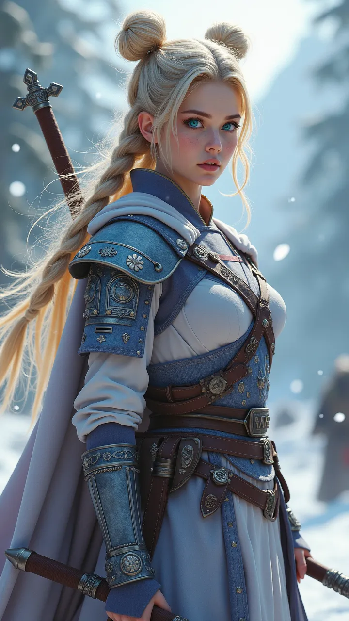  A warrior character, female, Scandinavian/asian decent. With Bright blue eyes. Blonde hair, styled in twin buns, bangs and braids. Clothing colors, lavender,baby blue, and grey.