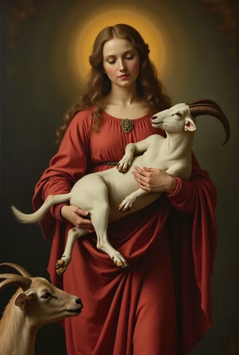 a realistic painting as if it were by Raphael, From a satanic goat,  Raise the Holy Virgin Mary in her arms,  very beautiful young woman   