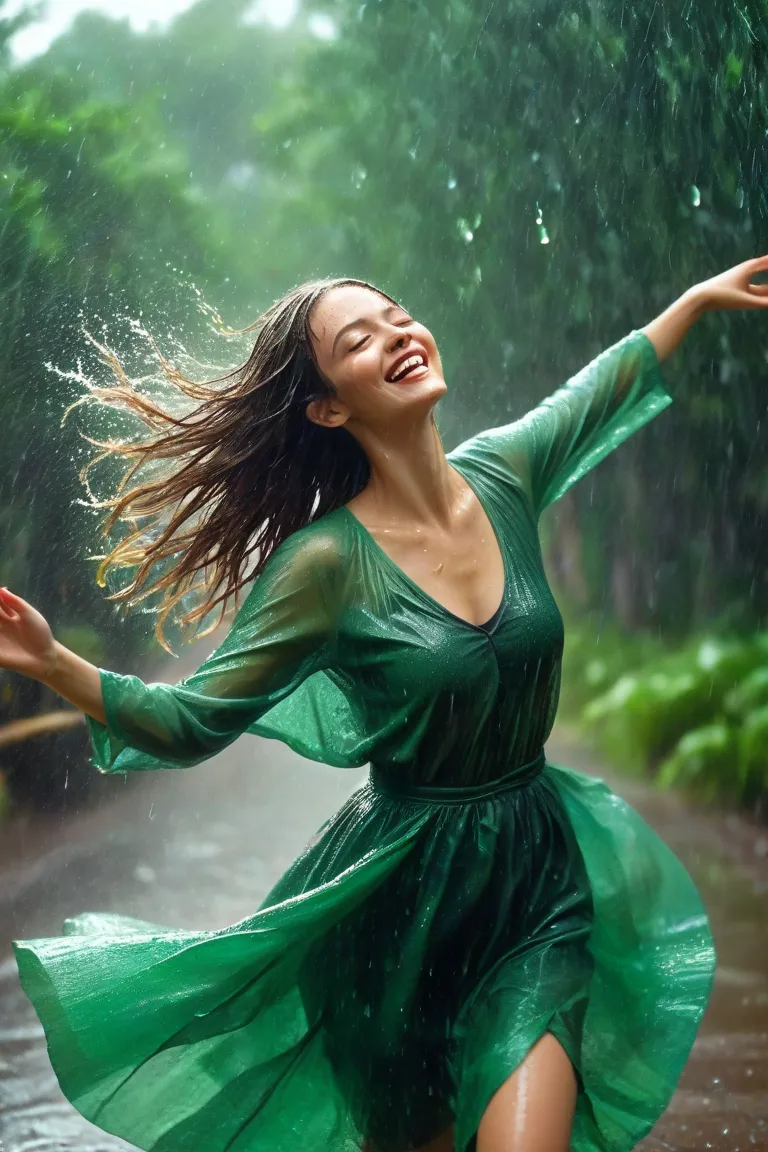 Corps entier de danse sous la pluie 1 femme europeenne sourire cheveux mouillé，belle，scintillant， mouvements nettes ，goutte d'eau，Effets d'éclairage cinématographique、sourire、bonheur/joie
