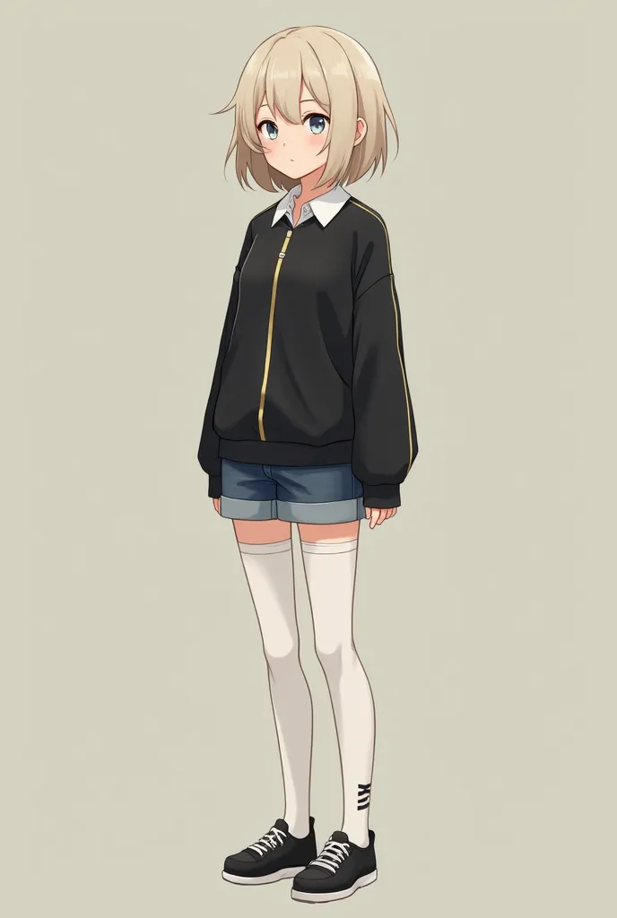   girl, short beige hair with untidy bangs directed to the left.  indifferent expression . of tanned skin. silver eyes. standing in front. Simple anime style . Wear a black polo sweater with soft gold vertical stripes, dark blue jean shorts. Black shoes an...