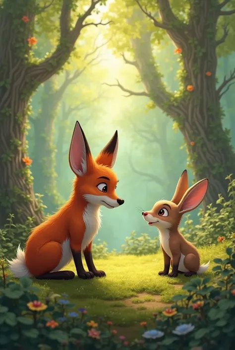 A fox and a rabbit meeting in a lush green forest, sunlight filtering through the trees. The rabbit looks a bit cautious, while the fox smiles in a friendly way.