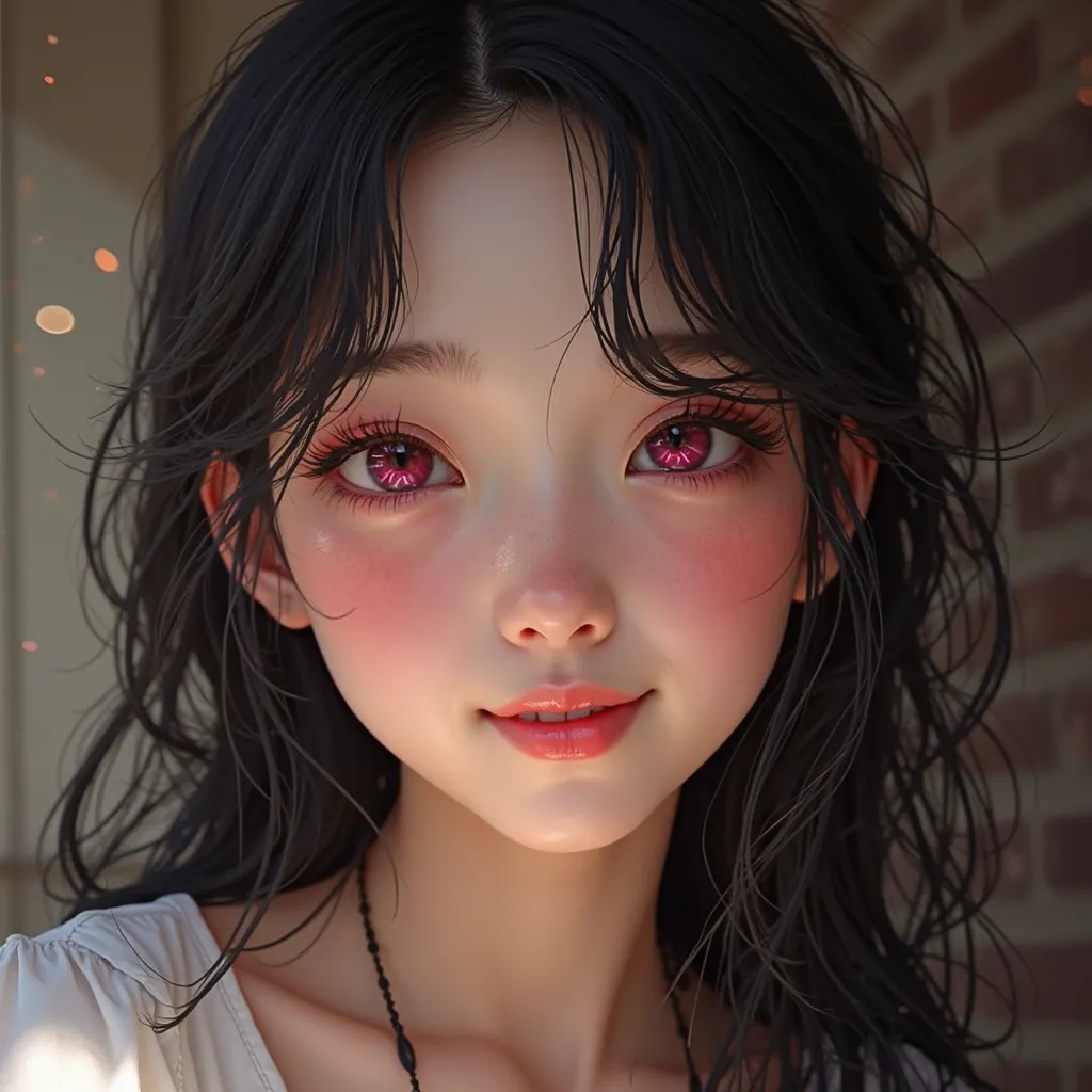 1girl, High Resolution, Long Hair, Messy Hair, Black Hair, Blush, Pink Eyes, Happy, Realism, 