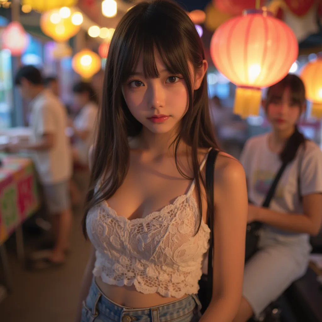 cuteloli,loli,hyper realistic,HD,best quality,(14-years-old),(openwork blouse spaghetti straps),looking at viewer,depth of field,full_body_shot,from_above,Night Market,walking,