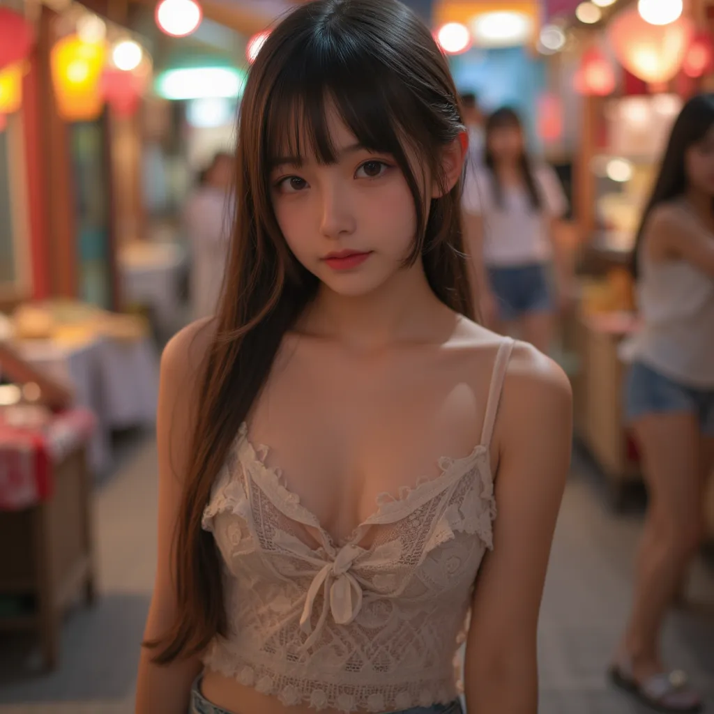 cuteloli,loli,hyper realistic,HD,best quality,(14-years-old),(openwork blouse spaghetti straps),looking at viewer,depth of field,full_body_shot,from_above,Night Market,walking,