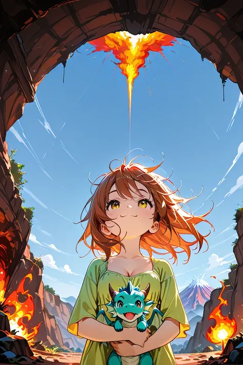 1girl, solo, loli, dog girl,
, long hair, messy hair , cleavage, floating hair,
hugging little Dragon, 

happy, 

spring, day, volcano, in cave, 
floating flame,  

from below, front view, upper body, 
best quality, highres icon, highly detailed,