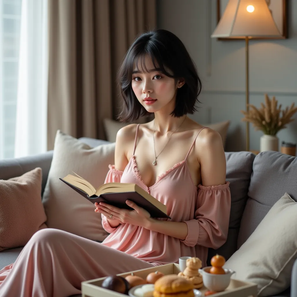 Create a full body photo, From a Korean woman,  of short black hair , with bangs.  she is in her living room , Relaxed leaning on the couch, with a book in hand, and a tray with breakfast, on a table next to her, She is wearing pajamas in the color rose, e...