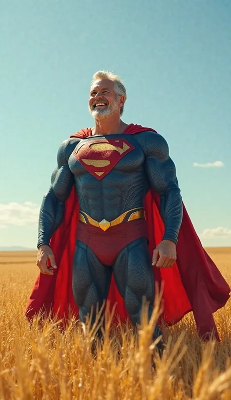 Old Superman standing in a wheat field laughs loudly.