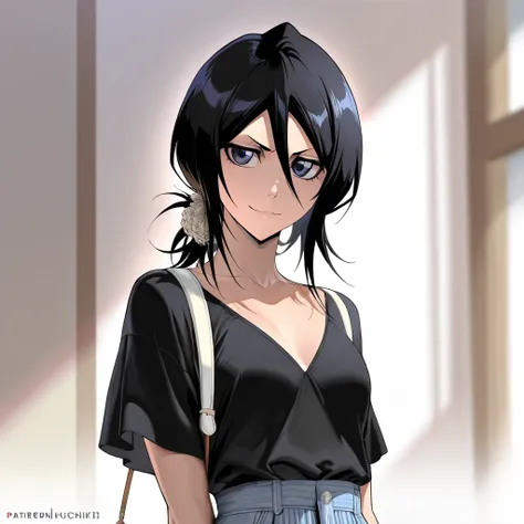 Stunningly attractive woman, Rukia Kuchiki, Bleach, High Resolution, Masterpiece, glistening, impeccable physical shape, casual clothing, different hairstyles, different clothing, different clothing styles, different clothing, Solo, 1girl, small smile