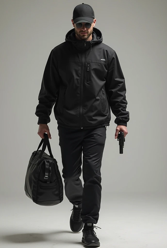 Create a man with a black running jacket running pants Black shoes a black cap but there are shadows covering his eyes A black bag in his left hand and what it looks to be a tranquilizer pistol in his other hands