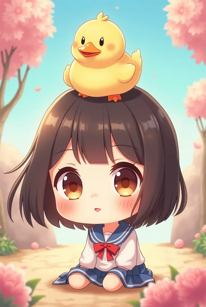 chibi anime girl with a bob cut and a duck