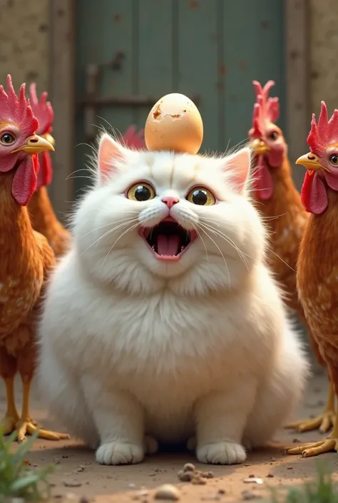 Fat little white Persian cat, open mouth, surprised expression , a broken chicken egg on top of his head , around her there are laughing cocks,3D realistic 