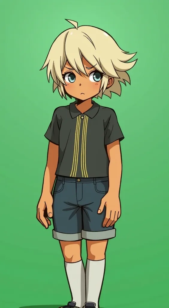   girl, short beige hair with untidy bangs directed to the left.  indifferent expression . of tanned skin. silver eyes. standing in front. Simple anime style . Wear a black polo sweater with soft gold vertical stripes, dark blue jean shorts. Black shoes an...