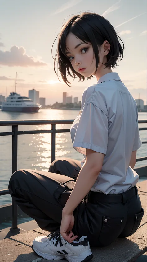 ((masutepiece, Best Quality, hight resolution, nffsw, Perfect Pixel,  4K, nffsw, nffsw))), 1girl in, Chihiro, anime,  Japanese female junior high school student, alone, ennui, sunset sky, (((Asymmetrical short hair, black hair))), blue jacket, white shirt,...