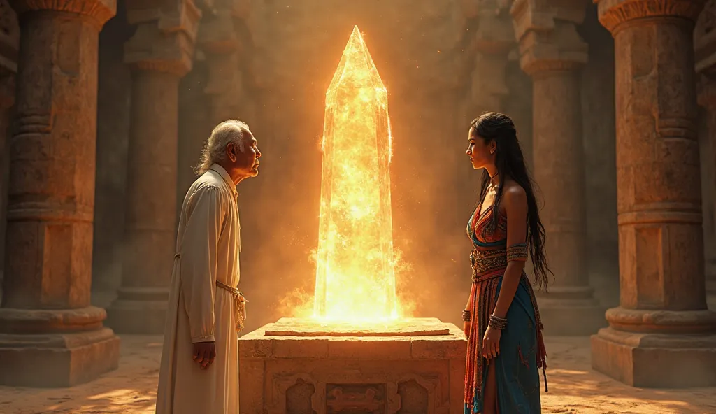 "A glowing crystal, the Heart of the Flame, sits on an ancient pedestal in the An ancient oracle woman, an elderly woman with white hair, , wearing a long white robe temple. Light radiates from the crystal, and "Princess Among" (A Malaysian woman with long...