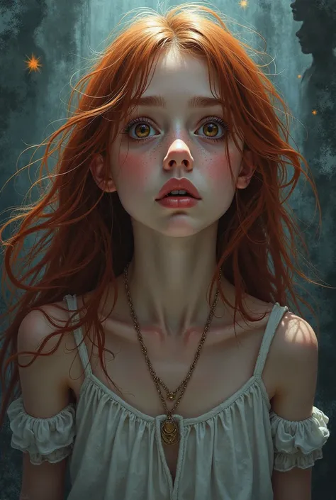 Give me a cover for a book, supernatural themed, with a girl who has auburn hair and brown eyes in the middle looking shocked