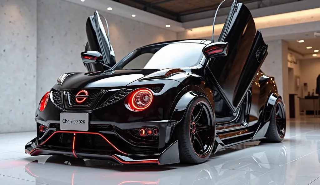 3D render of a heavily modified (2026 Nissan Juke)in (black)colour, (full side view) The car features opening doors, ultra-high-detail glossy and shiny modifications, including sleek add-ons. The  (it2026 Nissan Juke) logo is prominently displayed of the o...