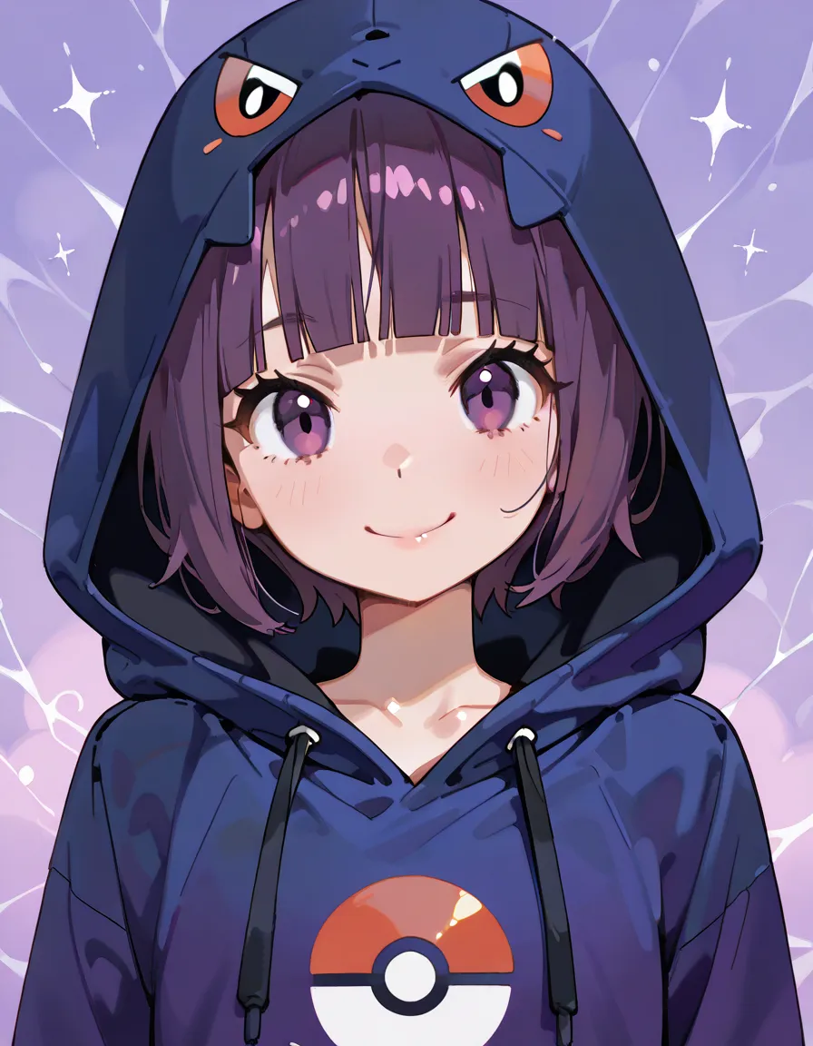 sideview+,(looking at viewer),Alone,14years old,natural cosmetic,purple short hair,blunt bangs,smile,Russian,(purple color ganger(Pokemon)+  hoodie),hood up,shiny skin,Enchanting chest:1.3,I am the star:1.3,(flat color beautiful Pokemon monsterball backgro...