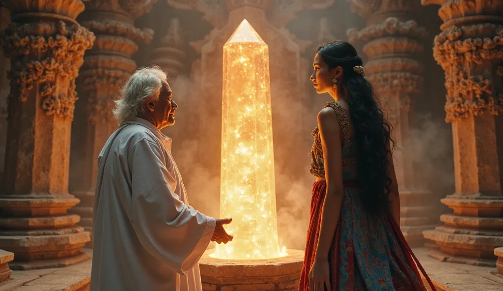 "A glowing crystal, the Heart of the Flame, sits on an ancient pedestal in the An ancient oracle woman, an elderly woman with white hair, , wearing a long white robe temple. Light radiates from the crystal, and "Princess Among" (A Malaysian woman with long...