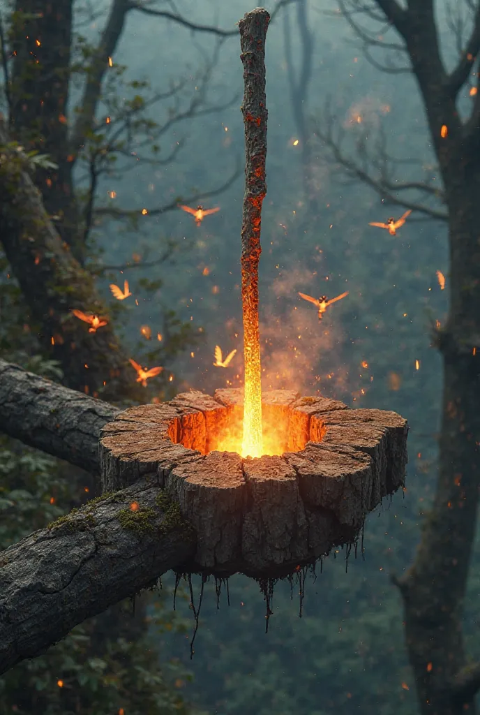 A floating forge high above the Forbidden Forest where rare magical woods and phoenix feathers are combined to craft wands. Tiny enchanted tools hover around the forge, carving intricate runes into newly made wands while soft embers float through the air. ...