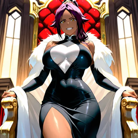 Stunningly attractive woman, Yoruichi, Bleach, High Resolution, Masterpiece, large breasts, grin, impeccable physical shape, elegant clothing, different hairstyles, different clothing, different clothing styles, 1girl, Solo, throne room, short tight dress