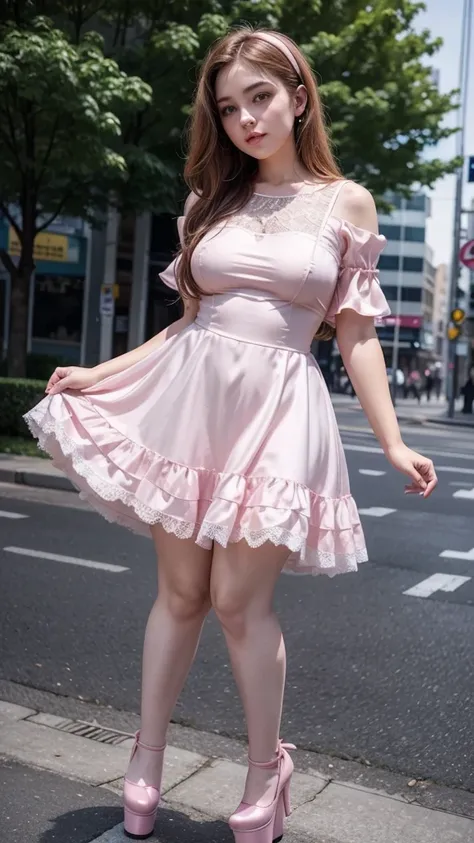 ((full body)), front view fitted curvy figure , ((cute  beautiful curvy  cute lolly  girl)), beautiful cute    face with big lips , ((High Waisted  lace pink silk light skater dress, short puffy sleeves)), brunette long hair, Beautiful eyes. ((stockings, t...