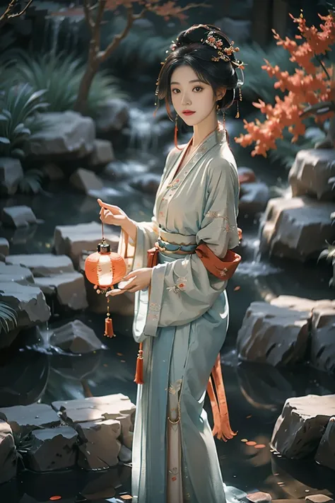 masterpiece，Hi-Res， anime style, A mysterious young woman holds a koi streamer，（goldfish light：1.3），Blue Streamer，（full body：1.3）， panorama，Red and blue Hanfu，hair ornaments and jewelry accessories，with a jade pendant hanging from her waist， and emits soft...