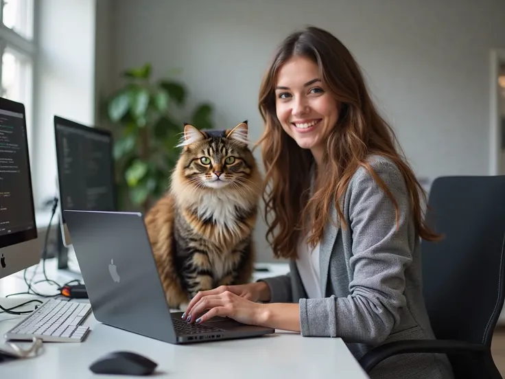 Olga, a young woman with brown hair, sits at a modern desk
A laptop or reader with the visible surname "Oracle APEX"
A friendly marbled Maine Coon on or near a table
Developer's workspace: keyboard, mouse, possibly secondary screens
Modern office environme...