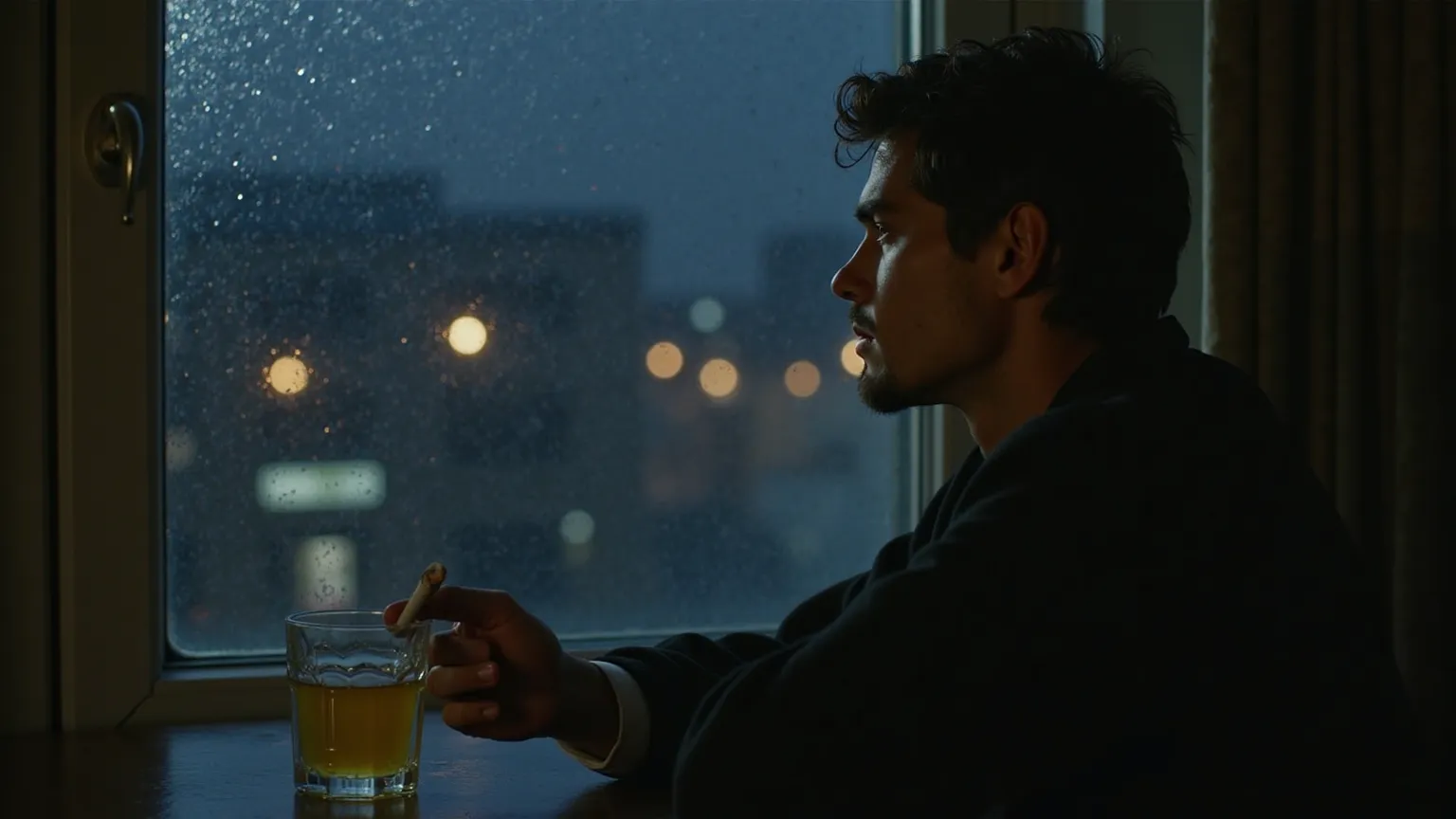 A guy, a European, who looks like a young Dave Gahan, sits by the window of a hotel room, looking out over a rainy night city. A cigarette is smoldering in his hand, and there is an untouched drink on the table. Drops of rain are running down the glass, re...