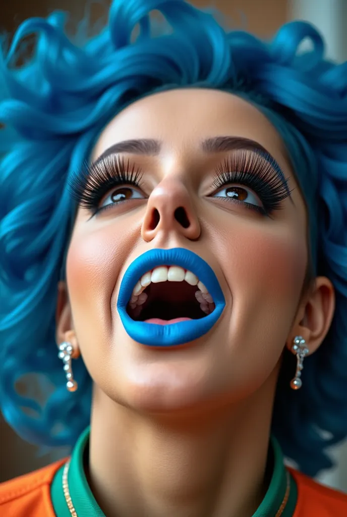 incredibly long and voluminous eyelash extensions, girl laughs a lot, Bright orange makeup,  blue hair ,  diamond earrings  , collar, blue lips, duck lips, hair, 