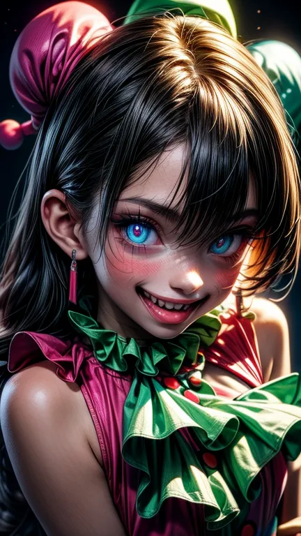 18-year-old taboo clown girl's face， ((Clown Girl)) ，Spooky and evil eyes，Blue light and green light，Neon lights