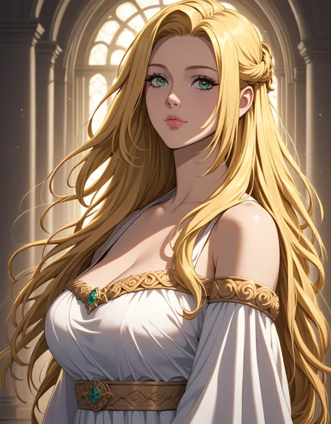 blonde hair, green eyes, long hair, manhwa, webtoon, large breasts,white dress,bare off shoulder ,wide hips,