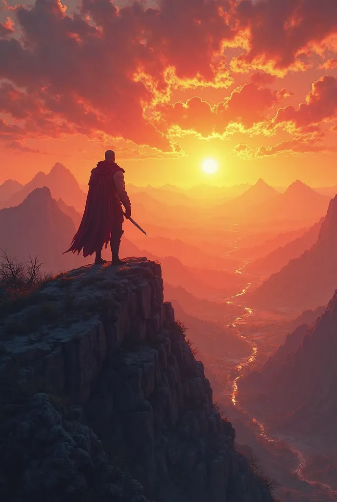 Silhouette of a Warrior standing on a mountain watching a sunset in the distance and a beautiful landscape