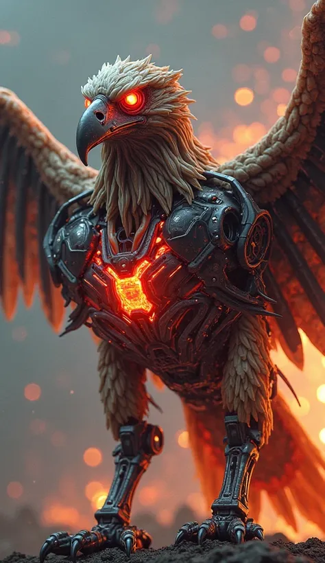 "Create a terrifying and monstrous hybrid cybernetic eagle, fusing alien biotechnology and futuristic weaponry. The eagle should have a skeletal metallic exoskeleton, with glowing molten veins running across its body, making it look alive with an unnatural...