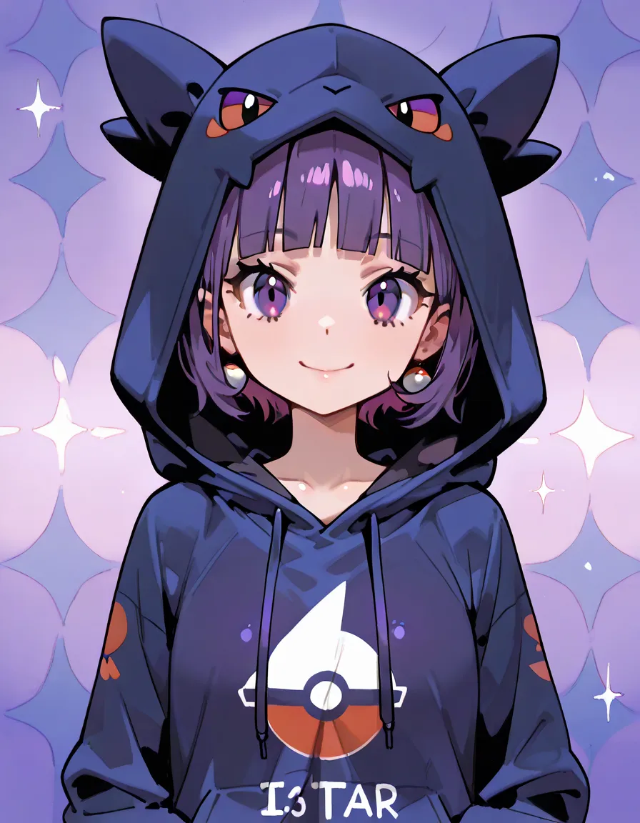 sideview+,(looking at viewer),Alone,14years old,natural cosmetic,purple short hair,blunt bangs,smile,Russian,(purple color gangar ear(Pokemon)+  hoodie),hood up,shiny skin,Enchanting chest:1.3,I am the star:1.3,(flat color beautiful Pokemon monsterball bac...