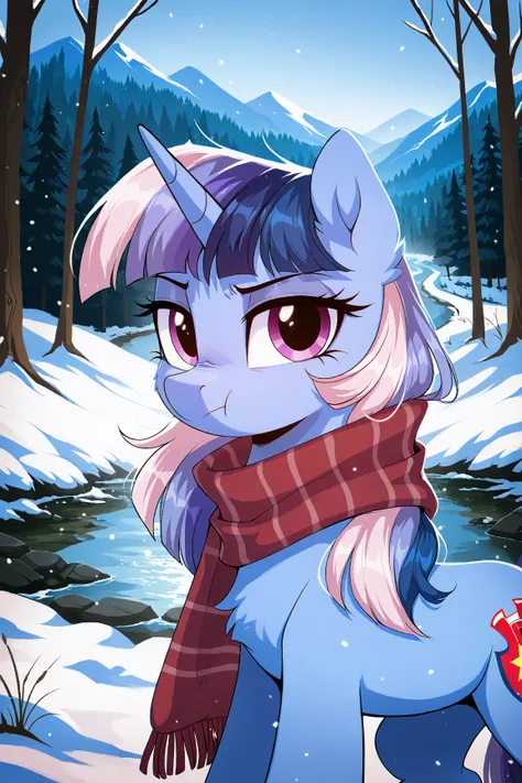 masterpiece, best quality, newest, absurd res, hires, solo, my little pony, pony, unicorn, flwspmn, :t, scarf, snow, winter, river, mountains, forest, look at each other, my little pony, friendship is magic, shaded, detailed, look at you, looking at viewer...