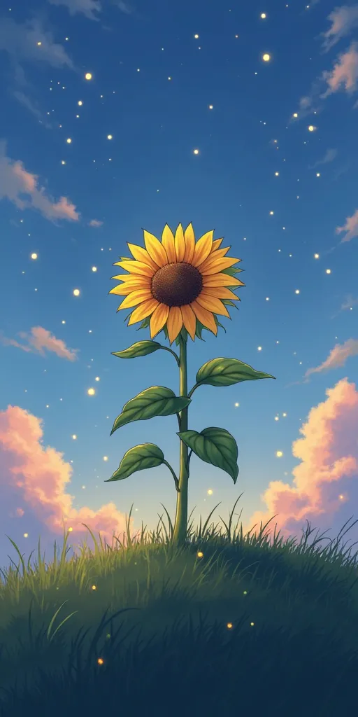 "A single vibrant sunflower standing tall on a grassy hill in anime-style, gently swaying in the evening breeze. The sky is a soft gradient of blues and purples with scattered glowing clouds. Tiny fireflies float around the sunflower, adding a magical, pea...