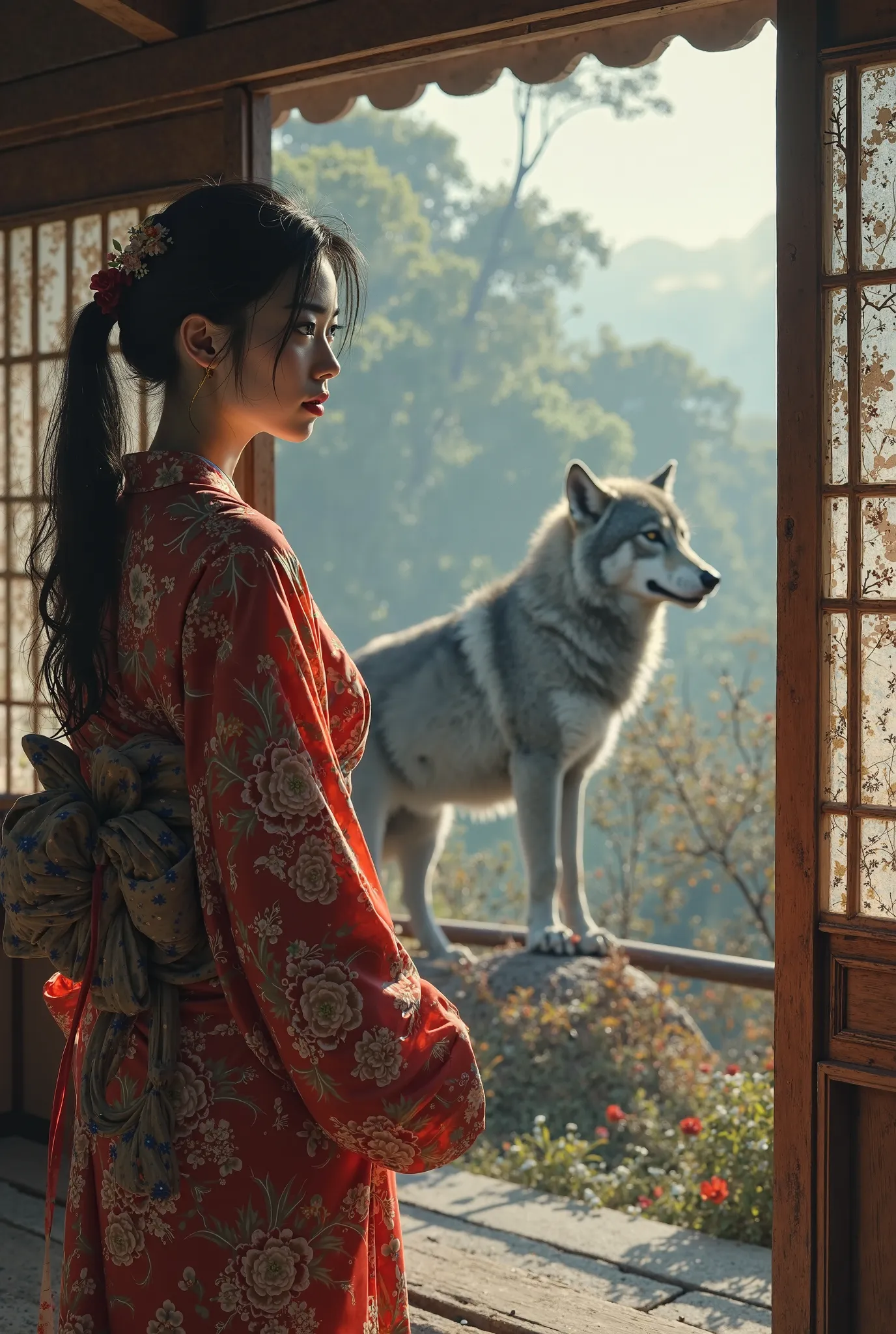 Busty Japanese girl is looking out of the house and the wolf is coming towards her