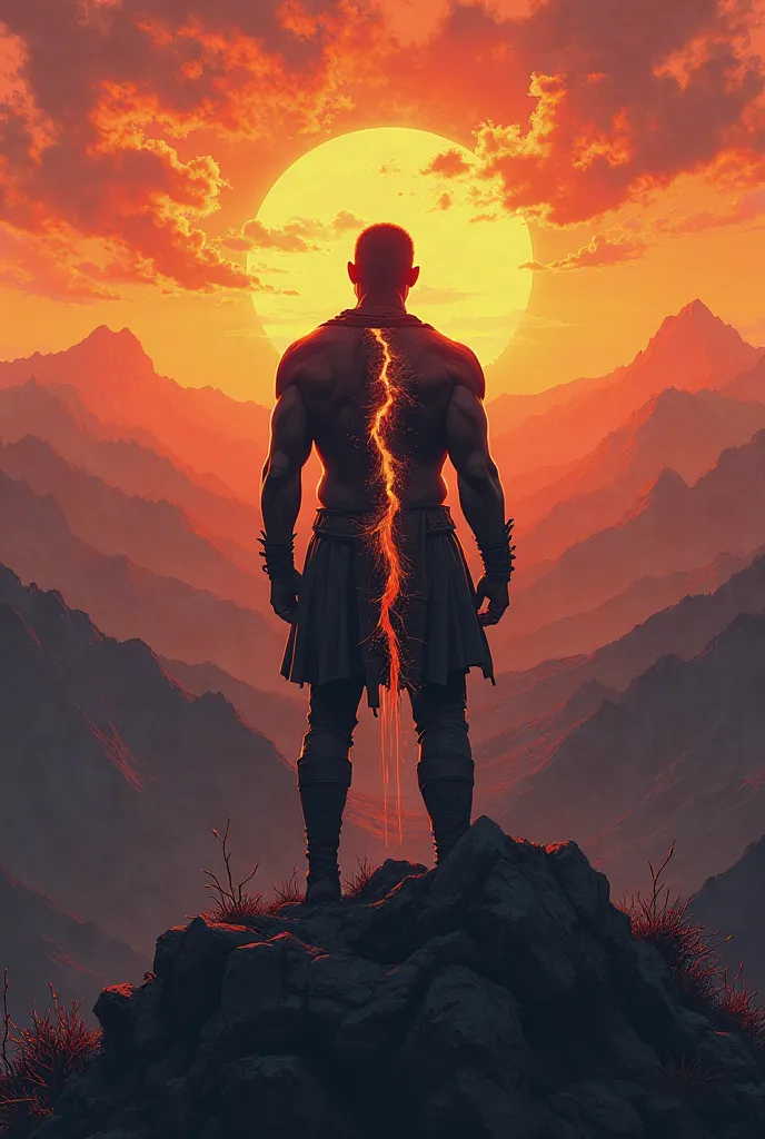 Silhouette of a Warrior standing on a mountain watching a sunset in the distance and a beautiful landscape has a wound that cuts through his torso is it a hollow