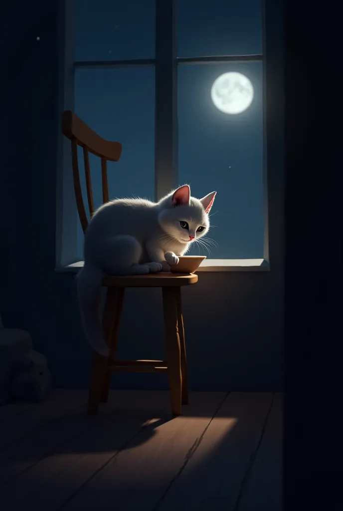 A nighttime scene: Under the moonlight, a soft and fluffy cat eats its food, cleans its plate with its tongue, and then curls up on a chair to sleep