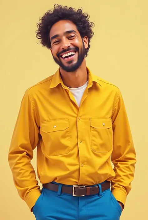   yellow shart blue pant smileing to happy