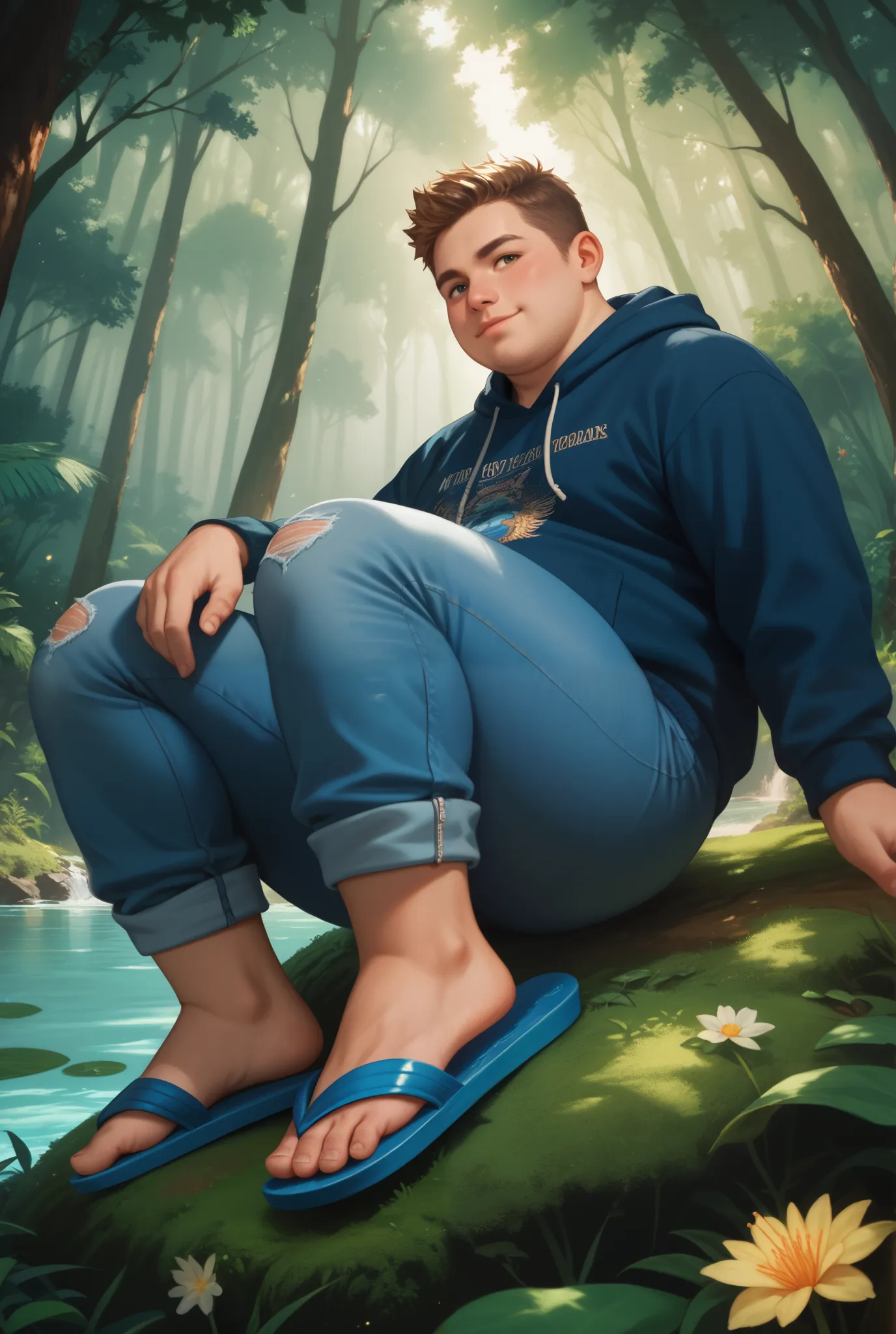 a chubby indonesian young man, wearing a navy hoodie, short jeans, flip-flops, riding a giant blue clawed giant prawn, on the river bank, in the forest borneo