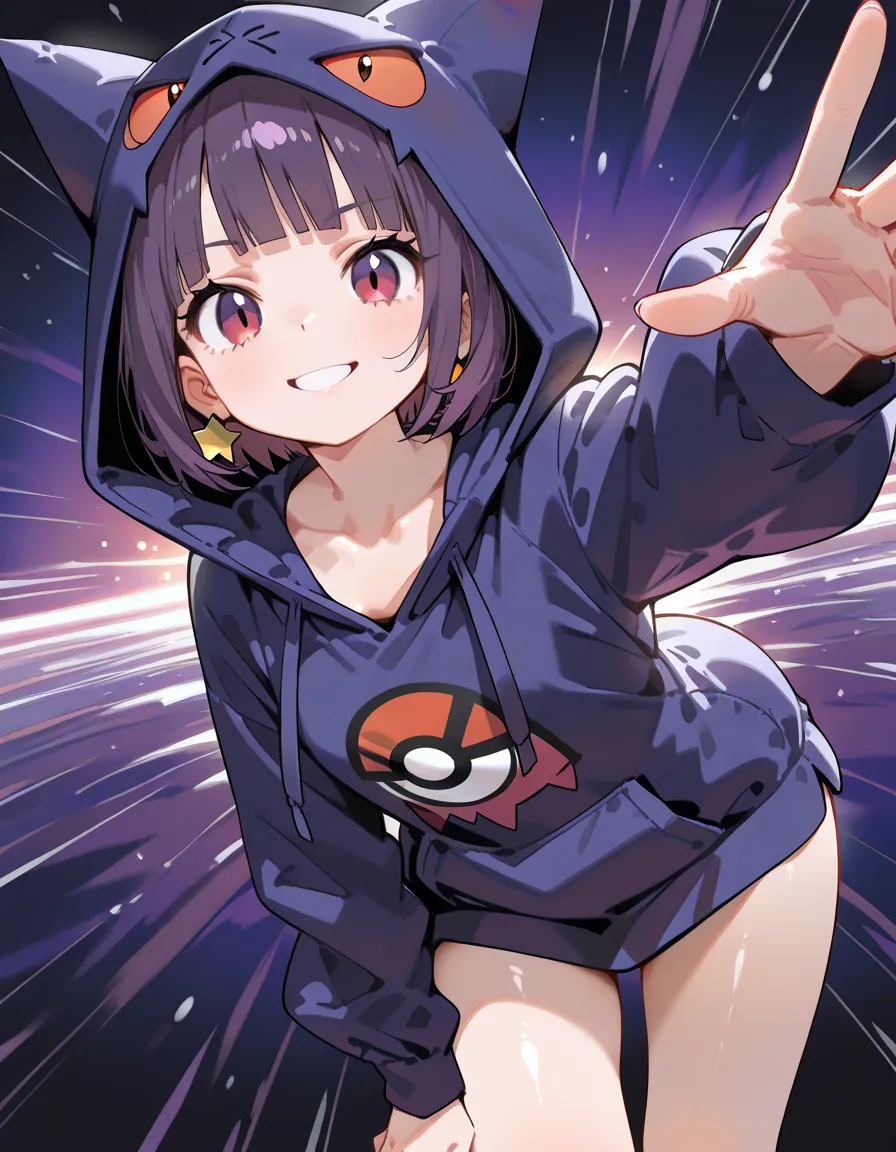 (dynamic angle,dynamic pose:1.3),sideview+,(looking at viewer),Alone,14years old,natural cosmetic,purple short hair,blunt bangs,smile,Russian,(purple color gengar ear(Pokemon)+  hoodie),hood up,shiny skin,Enchanting chest:1.3,I am the star:1.3,(flat color ...