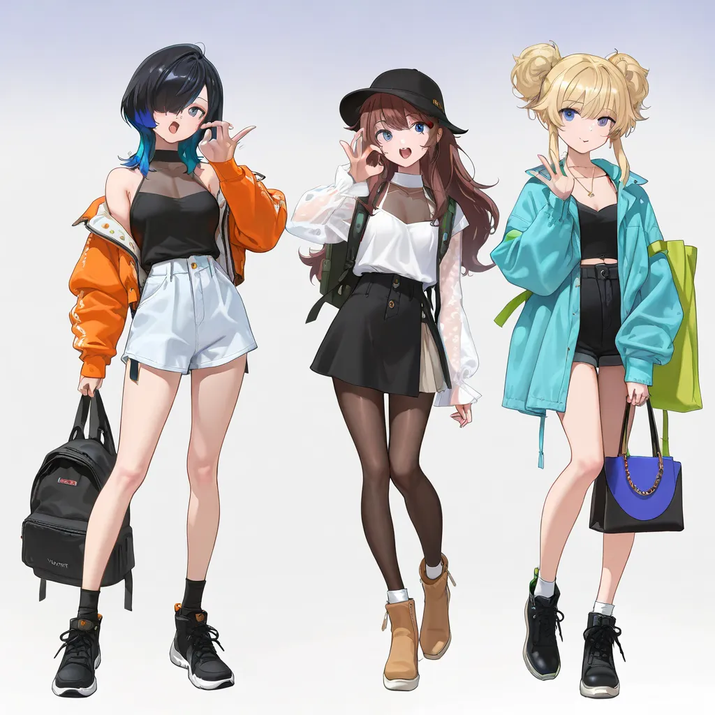 (((Best Quality))), 3 girls, anime characters, fashionable and trendy, outfit designs, diverse outfits, (upper body character design), outfit design, fashion concept art, knit, shirt, shorts, skirt, blouse, halter neck, see-through cleavage, see-through sl...