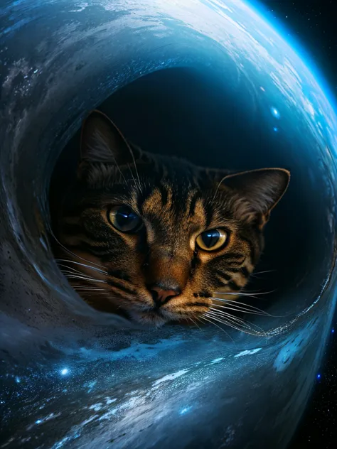 a giant cat face, emerging from a massive black hole, floating in the vastness of the universe, photorealistic, 8k, highly detailed, cinematic lighting, dramatic atmosphere, fantasy, sci-fi, digital art