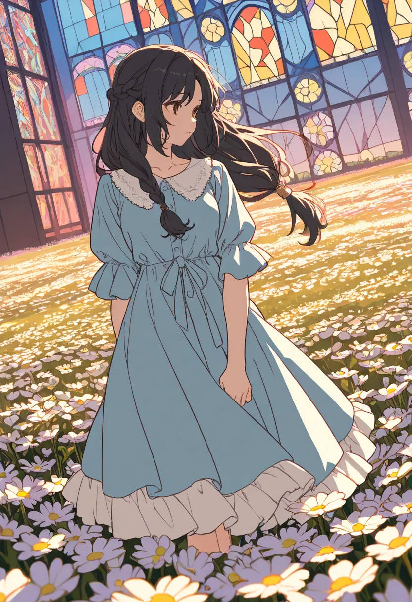 Braided half-up hair, stained glass of a flower field at sunset in the background, flat color, masterpiece：1.4, 8k, , Braided half-up hair, stained glass sunset sea in the background, flat color, frill dress, Black hair,brown eyes