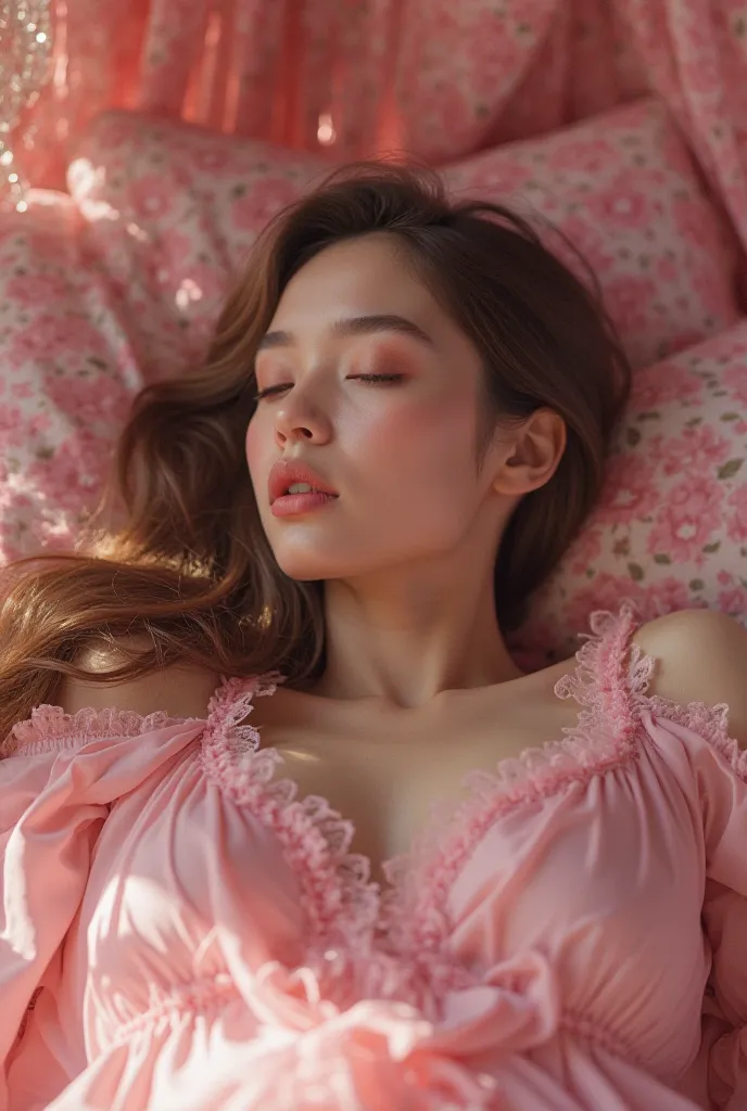 Extremely stunning beautiful girl sleeping,beautiful detailed eyes,beautiful detailed lips,extremely detailed face and skin,long eyelashes,detailed hair,pink silk nightgown,pink bedroom interior,luxury pink bedroom,pink floral bedsheets,pink silk curtains,...