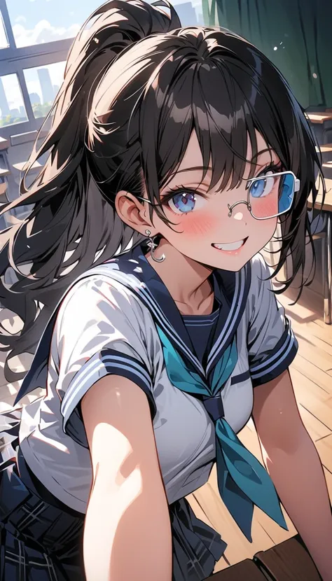 (beautiful girl : 1.3),1 girl,(sailor suit,plaid skirt,earrings,light blue scouter), black hair,ponytail,smile, is embarrassing,blush,classroom, moving,Dynamic Angle,masterpiece,Highest quality,super high definition,Rich Contrast,high image quality,8k,High...